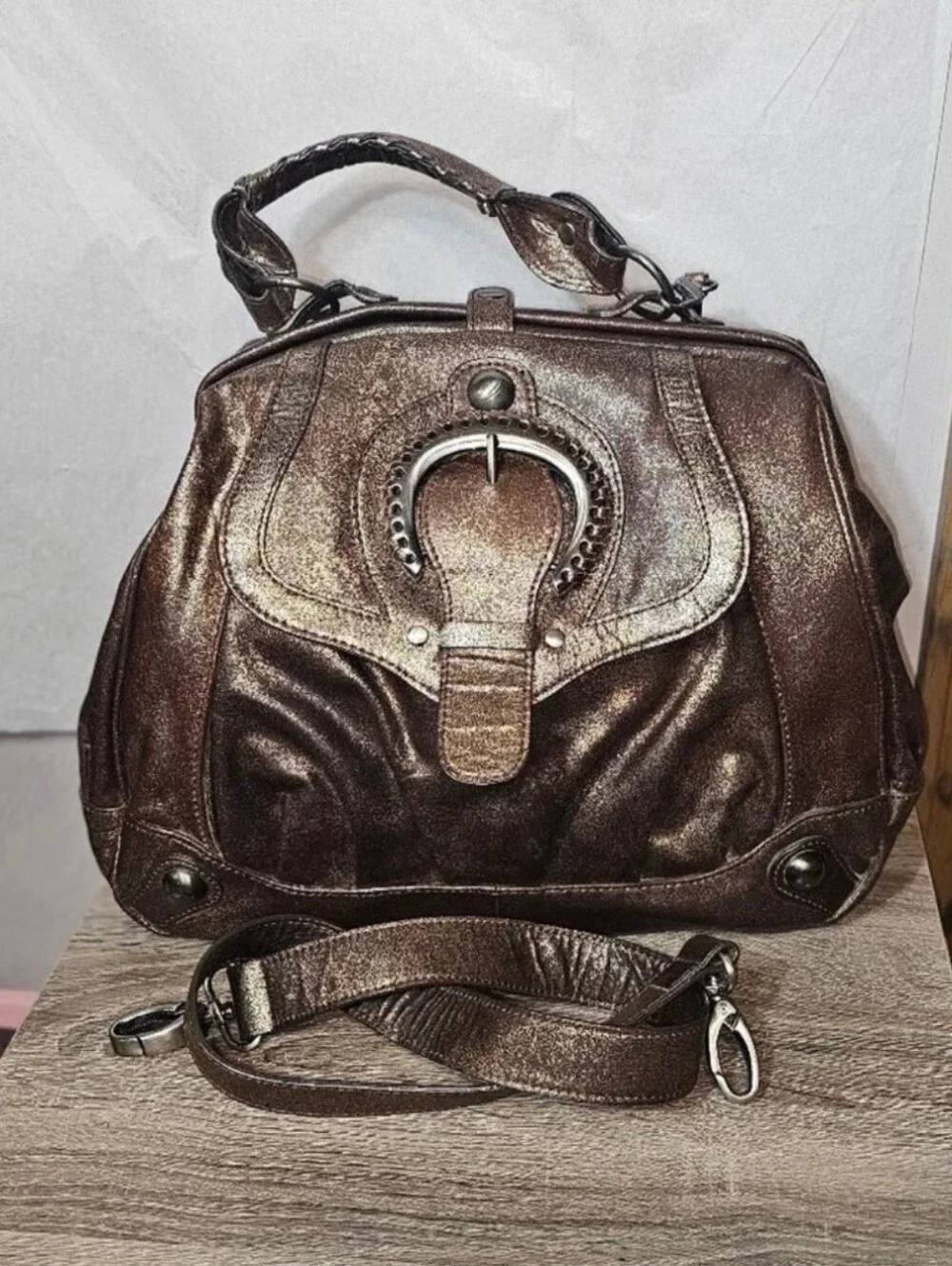 Rare HYPE Metallic Costa del Sol Bronze Leather Satchel Shoulder Handbag